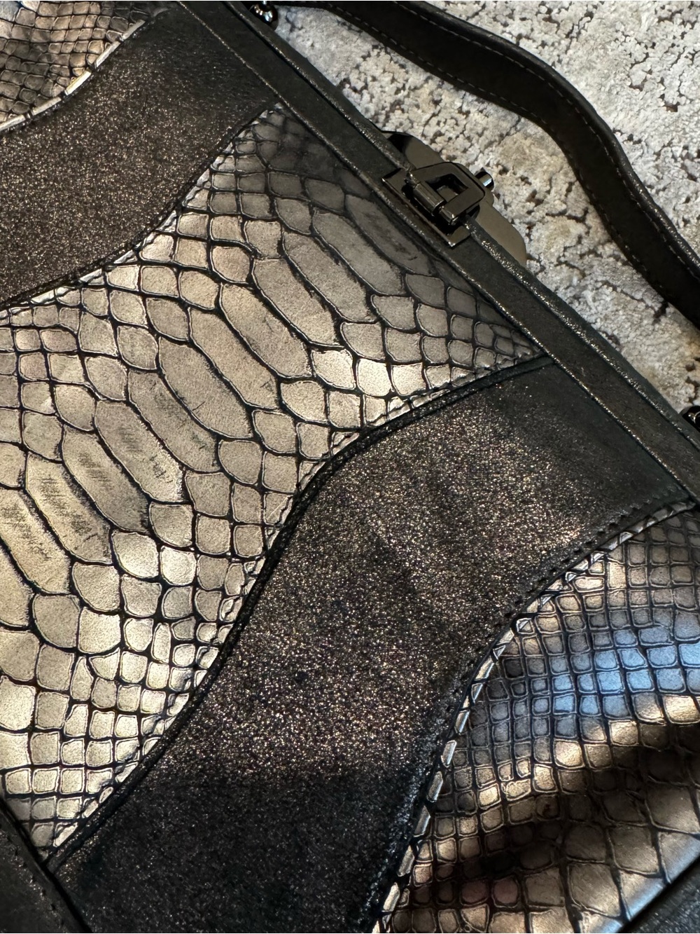 Via Spiga Metallic Silver and Black Snake-Embossed Top-Handle Bag